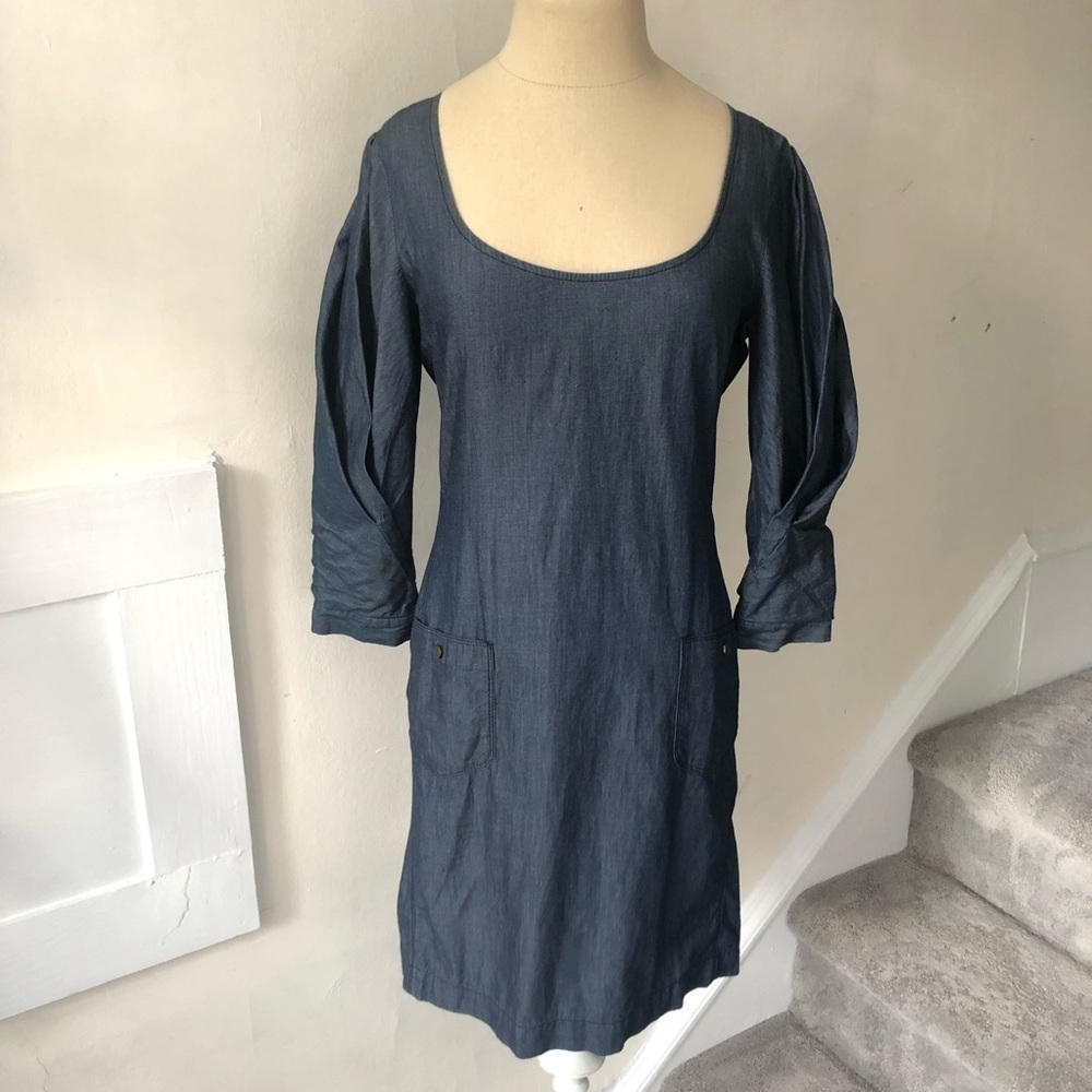 Diesel Plus Blue Chambray Cotton Denim Scoop Neck Pleated Sleeve Dress EUC Sz XS